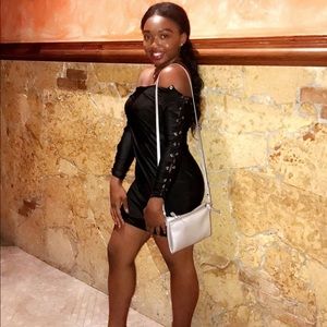 Black lace-up long sleeve cocktail dress